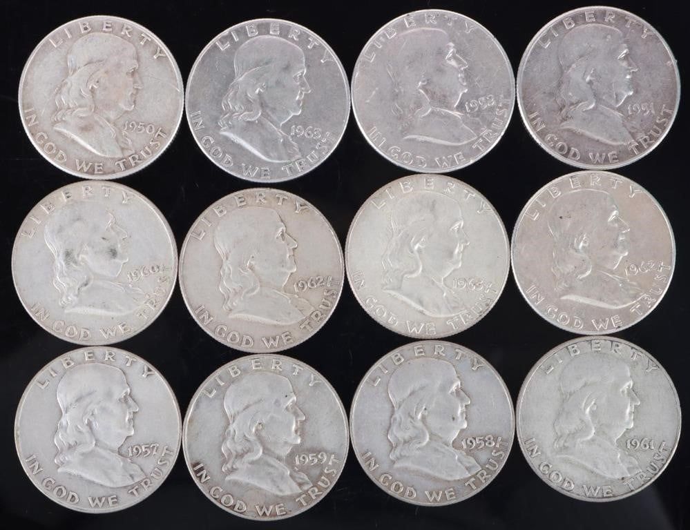 Lot 216414: ASSORTED 90% SILVER BEN FRANKLIN HALF DOLLARS-(12)