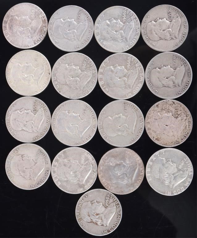 Lot 216416: ASSORTED 90% SILVER BEN FRANKLIN HALF DOLLARS-(17)