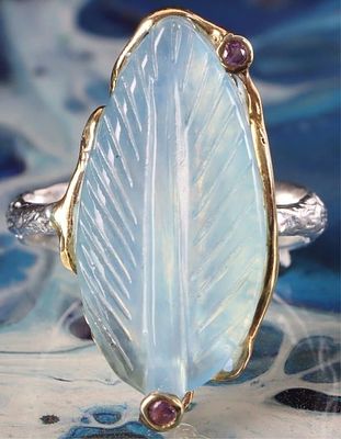 LARGE 18.0CT AQUAMARINE LEAF STERLING SILVER RING. Large aquamarine leaf sterling silver ladies 