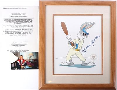 BASEBALL BUGS SERICEL SIGNED MICKY MANTLE W/ PHOTO. Copy of the "Baseball Bugs" sericel print 