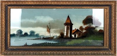 LIGHTHOUSE W/ BOAT ON A LAKE FRAMED PAINTING. Lighthouse with boat on a lake painting. Painting 
