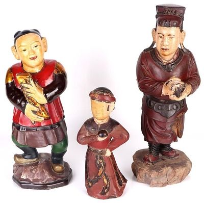 ANTIQUE CHINESE TAOIST TEMPLE FIGURES - LOT OF 3. Antique Chinese polychromatic wooden Taoist 