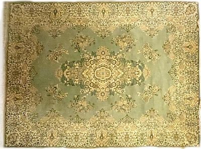 ANTIQUE ORNATE LARGE PERSIAN GREEN SILK AREA RUG. Antique ornate large Persian green and white 