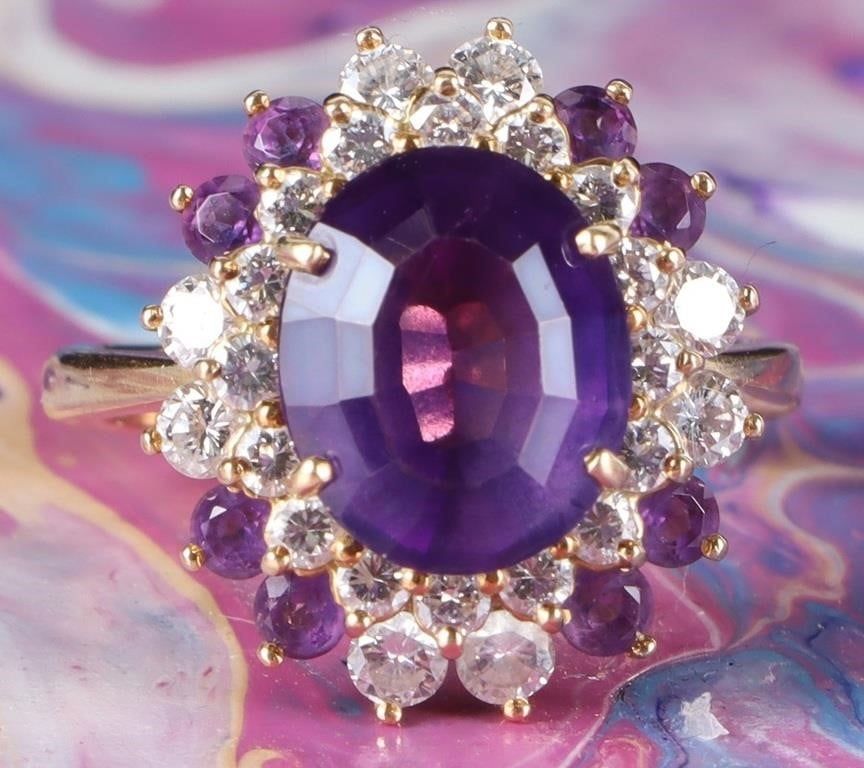 Lot 218152c: 2CT OVAL AMETHYST & DIAMOND 18K COCKTAIL RING
