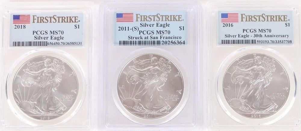 Lot 218157: 2018 W FINE SILVER MS-70 AMERICAN EAGLES PCGS -(3)