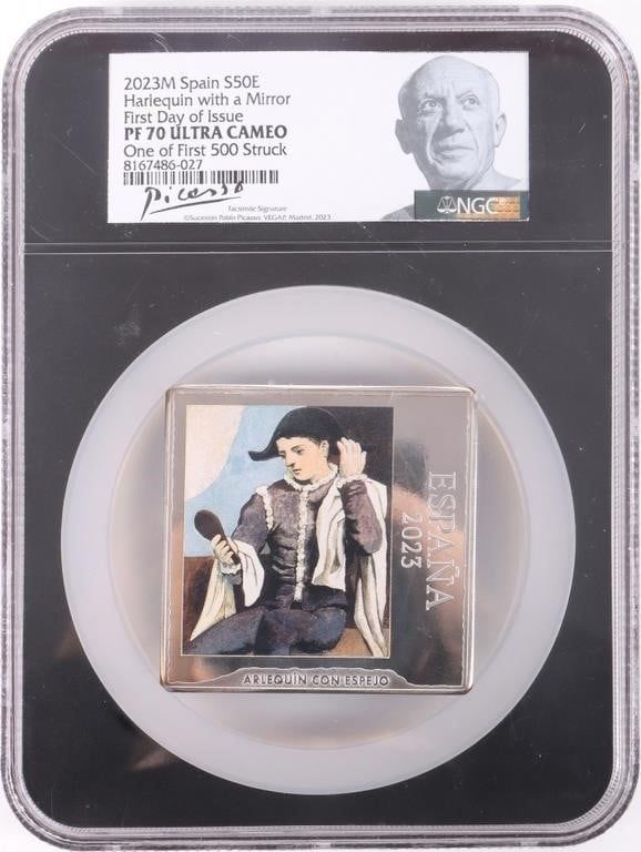 Lot 218164: PF70  HARLEQUIN W/ A MIRROR PICASSO SILVER COIN