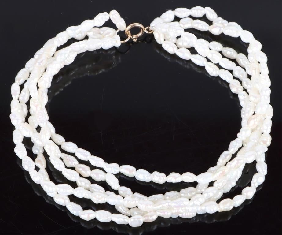 Lot 218216: 14K GOLD CLASPED FIVE-STRAND PEARL BRACELET