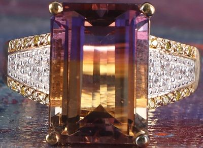 14MM EMERALD CUT BICOLOR AMETRINE & DIAMOND RING. Bicolor Ametrine and diamond ladies ring set 