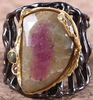 STERLING SILVER RUBY ZOISITE OPAL LADIES RING. Sterling silver ruby zoisite opal ladies ring. 