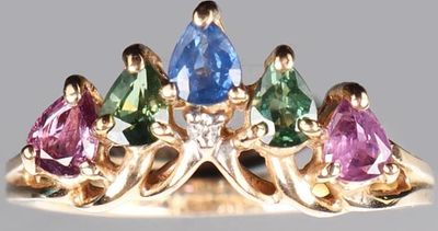 10K YELLOW GOLD RUBY TOPAZ DIAMOND DIOPSIDE RING. 10K yellow gold pink ruby blue topaz chrome 