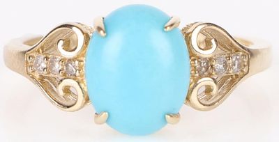 10K YELLOW GOLD TURQUOISE DIAMOND LADIES RING. 10K yellow gold turquoise diamond ladies ring. 