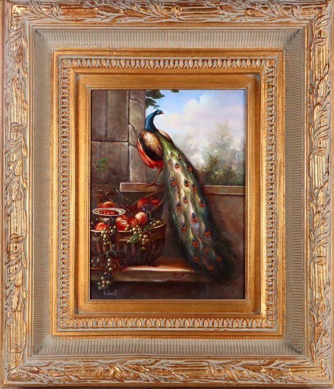 Lot 220367: S. LOVELL OIL ON CANVAS OF PEACOCK & FRUIT FRAMED