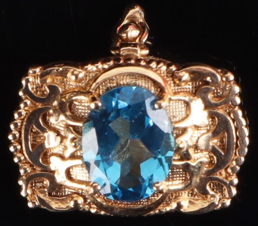 Lot 220381: 14K YELLOW GOLD BLUE TOPAZ ORNATE PENDANT/ LINK