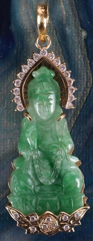 Lot 220391: 18K YELLOW GOLD GREEN JADE BUDDHA CZ PENDANT