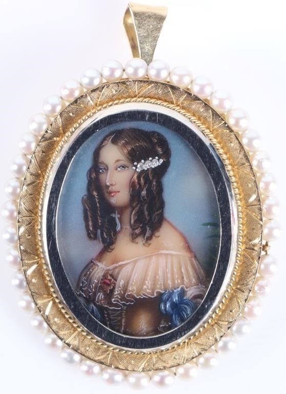 Lot 220393: 18K YELLOW GOLD LADIES PENDANT W/ PAINTED PORTRAIT