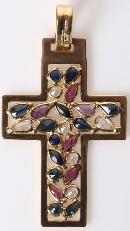 Lot 220394: 18K YELLOW GOLD CROSS PENDANT W/ RUBIES SAPPHIRE