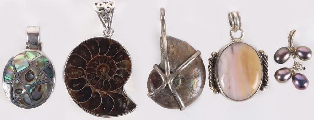 Lot 220398: STERLING SILVER AMMONITE, ABALONE & PEARL PENDANT