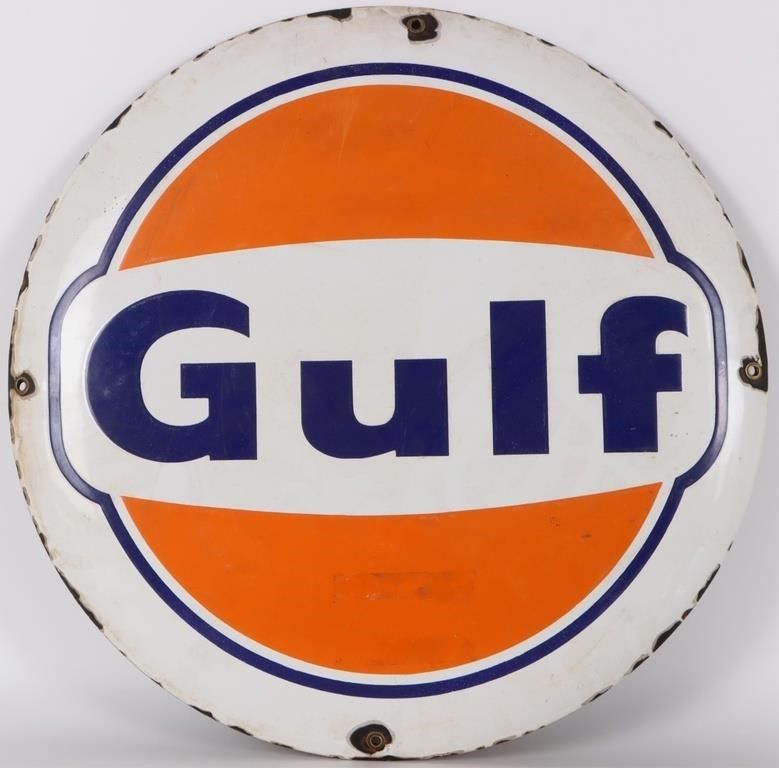 Lot 220442: VINTAGE GULF OIL ROUND ALUMINIUM ADVERTISING SIGN