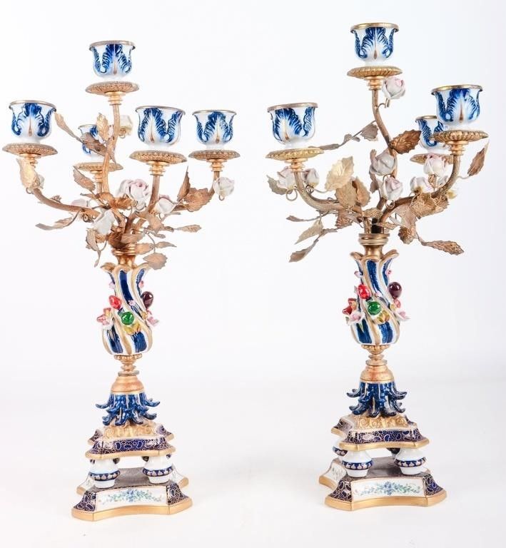 Lot 220455: ANTIQUE HAND CRAFTED PORCELAIN CANDELABRA PAIR