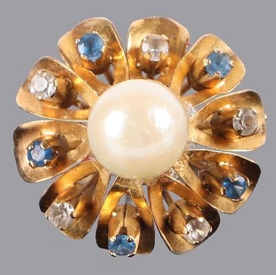18K YELLOW GOLD QUARTZ SPINEL PEARL LADIES RING. 18K yellow gold quartz spinel pearl ladies ring 