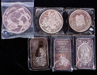 ASSORTED FINE SILVER BULLION BARS/ ROUNDS - (6). Assorted fine silver bullion bars/ rounds to 