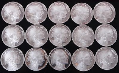 FINE SILVER ROLL OF 15 ONE OZT BUFFALO ROUNDS. Fine silver roll of 15 one Troy ounce buffalo 