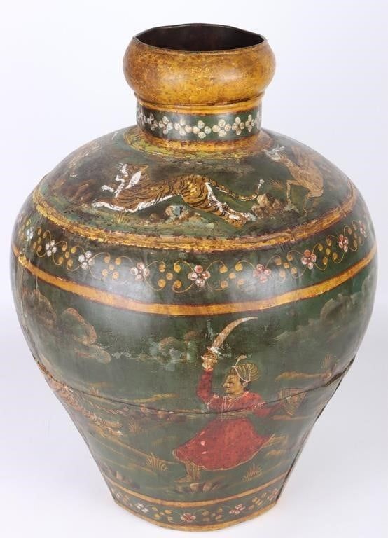 Lot 222189: 19TH C. INDIAN TIGER PAINTED METAL TOLEWARE POT