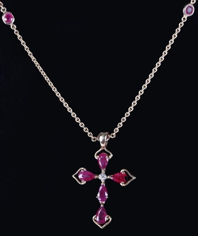 Lot 222213: 14K YELLOW GOLD RUBY DIAMOND LADIES CROSS NECKLACE
