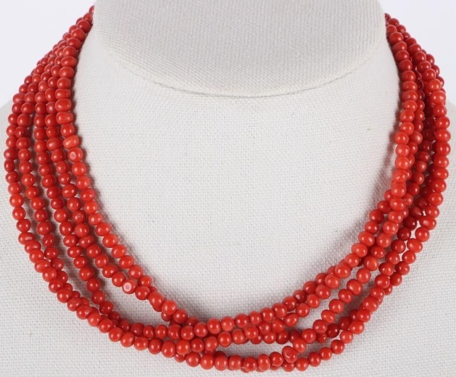 Lot 222243: STERLING SILVER CORAL BEAD NECKLACE FIVE STRAND