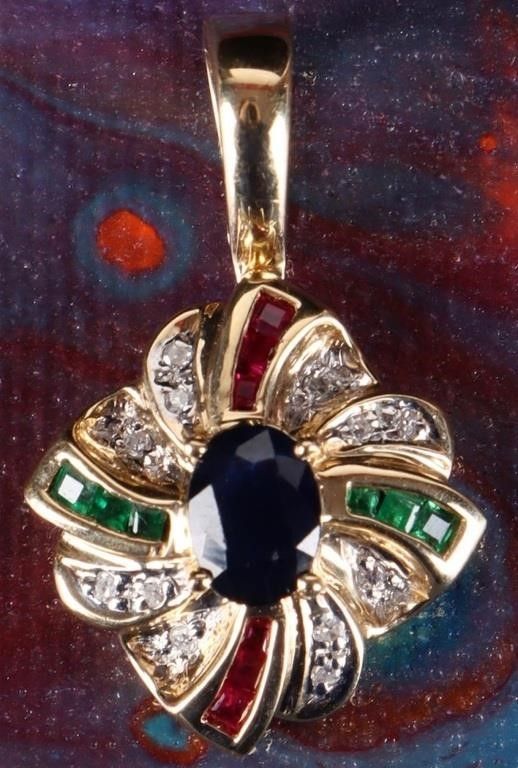 Lot 222252: 14K YELLOW GOLD PENDANT W/ SAPPH EMERLD RUBY DIAS