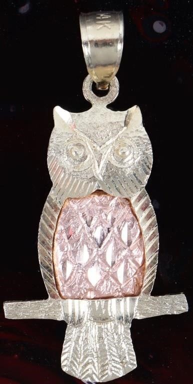 Lot 222266: 14K YELLOW AND ROSE GOLD OWL LADIES PENDANT