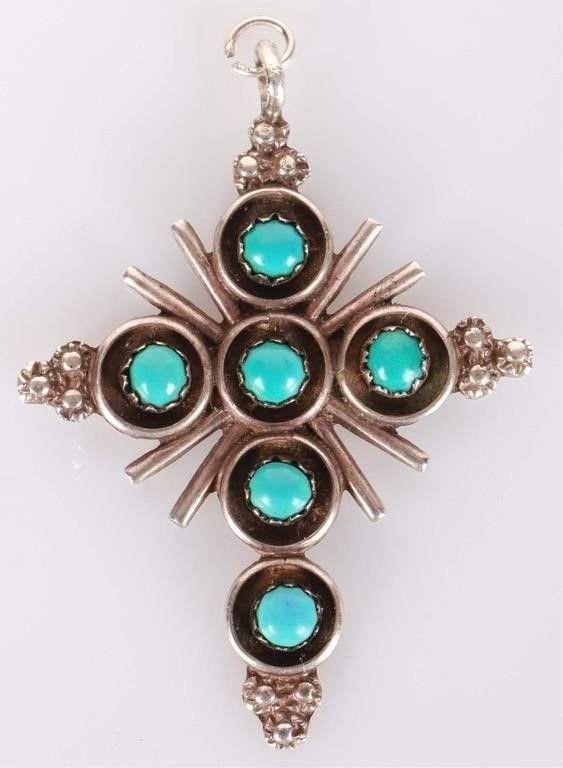 Lot 222273: VINTAGE MYRA QUALO 0.925 TURQUOISE CROSS PENDANT