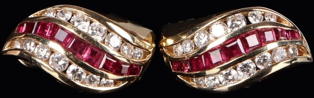 Lot 222314: 14K YELLOW GOLD LADIES EARRINGS W/ RUBY & DIAMONDS