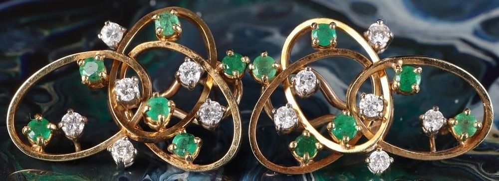 Lot 222324: 18K YELLOW GOLD NATURAL DIAMOND EMERALD EARRINGS