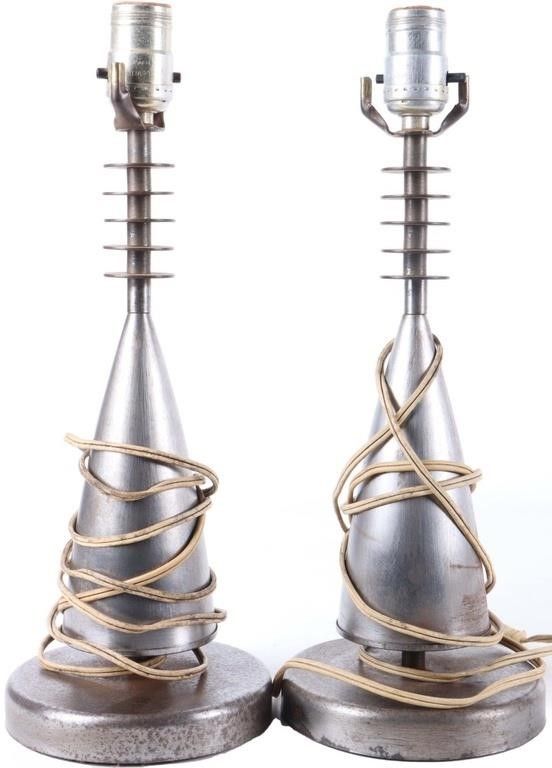 Lot 222388: ART DECO MACHINE AGE METAL TABLE LAMP PAIR