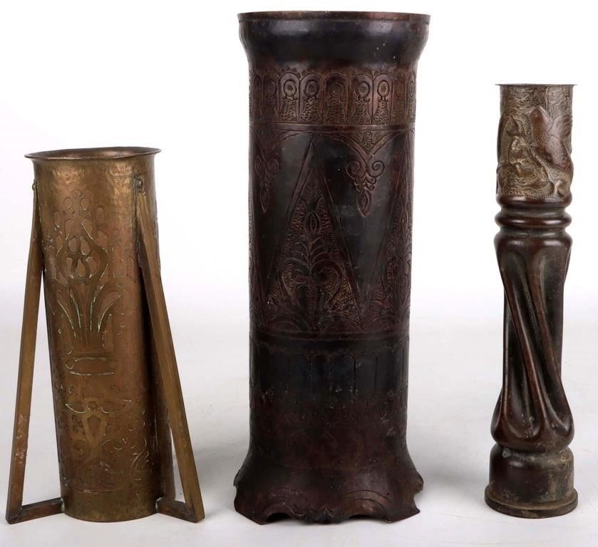 Lot 222399: ANTIQUE WWI ARTILLERY SHELL TRENCH ART VASES (3)