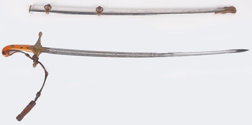 Lot 222401: VINTAGE USMC MAMELUKE SWORD SABER ETCHED ORANGE