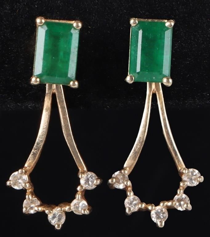 Lot 223404: 14K YELLOW GOLD LADIES EARRINGS W/ EMERALD & DIAS