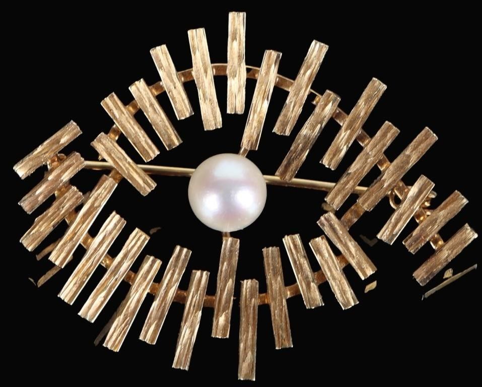 Lot 224312: ABSTRACT 14K YELLOW GOLD LADIES BROOCH W/ PEARL