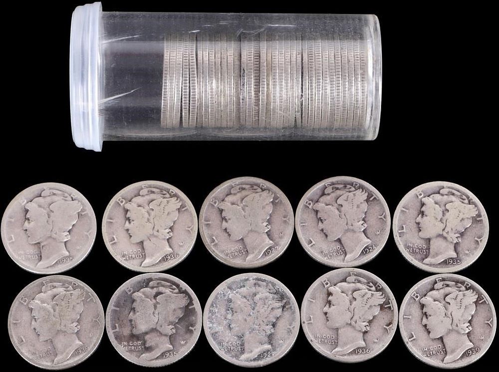 Lot 224387: 90% SILVER ASSORTED MERCURY DIME ROLL OF 46