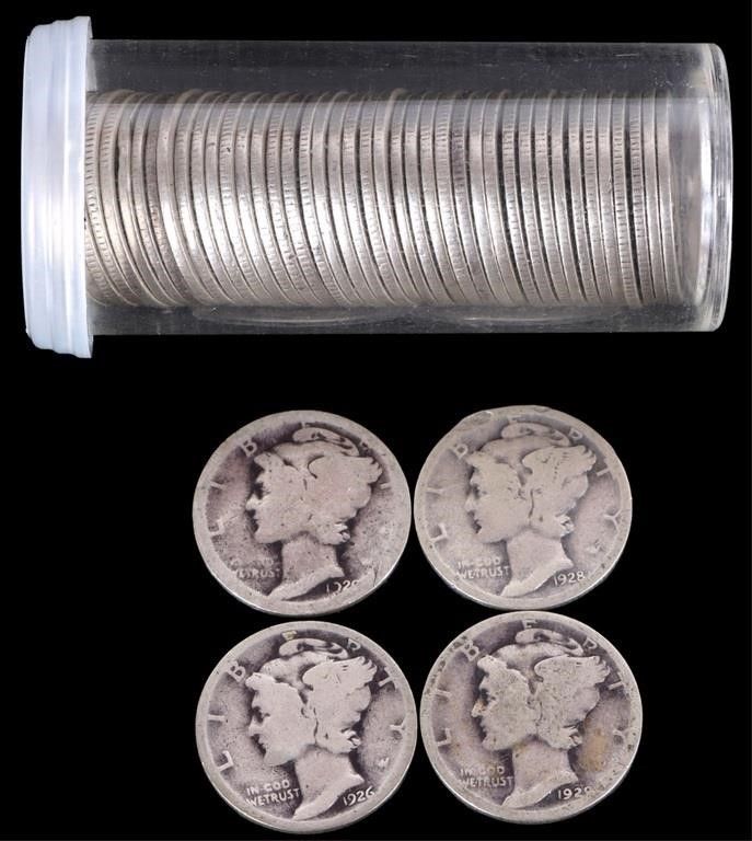 Lot 224388: 90% SILVER ASSORTED MERCURY DIME ROLL OF 46