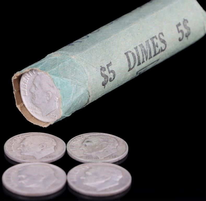 Lot 224389: 90% SILVER ASSORTED ROOSEVELT DIME ROLL OF 50