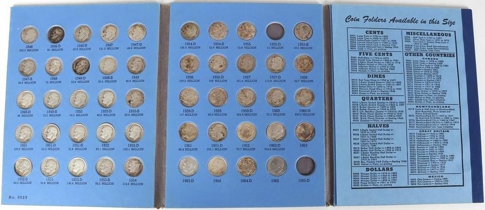 Lot 224392: 90% SILVER ROOSEVELT DIME COLLECTION NEAR COMPLETE
