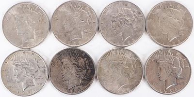ASSORTED 90% SILVER LIBERTY PEACE DOLLARS - (8). Eight assorted 90% silver Liberty Peace 