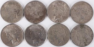ASSORTED 90% SILVER LIBERTY PEACE DOLLARS - (8). Eight assorted 90% silver Liberty Peace 