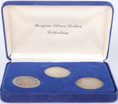 1921 MORGAN DOLLARS RAINBOW TONING ON ONE (3). Lot of three 1921 Morgan fine silver dollars. One 