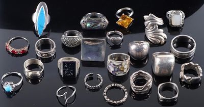 STERLING SILVER LADIES RINGS W/ TURQ MOP ONYX (23). Lot of twenty-three sterling silver rings 