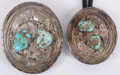 SW STYLE 925 BELT BUCKLE & BOLO TIE W/ TURQUOISE. Southwest style sterling silver belt buckle 