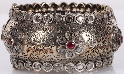 VICTORIAN STYLE NAT. POLKI DIAMOND CUFF BRACELET. This ornate jewelry piece is a broad silver 