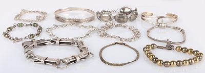 STERLING SILVER LADIES BRACELET LOT (11). Lot of eleven sterling silver ladies bracelets of 